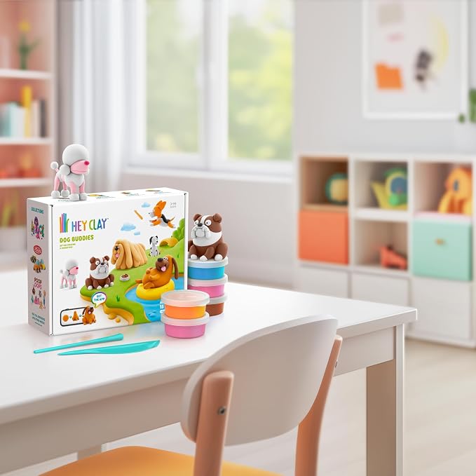 Hey Clay 15 Cans Set - Colourful Modelling Kids Air-Dry Clay 15 Cans with Sculpting Tools and Fun Interactive Instructions for Children Age 3+ (Dog Buddies)