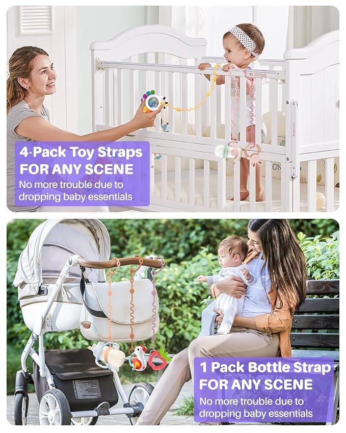 LittleHugs Toy Straps for Baby, 5pcs Adjustable Toy Holder for Stroller Accessories, Silicone Tether Pacifier Clip, No Throw Travel Essential Leash for High Chair, Car Seat (Girl-5 Pack)