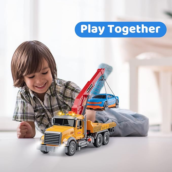 haomsj Big Tow Truck Toy with Car for 3+ Year Old Boys Friction Power Crane Transport Truck with Light Sound Toy Truck for Kids Ages 3-7 Birthday Toys for Boys (1:18 Plastic Tow Truck)