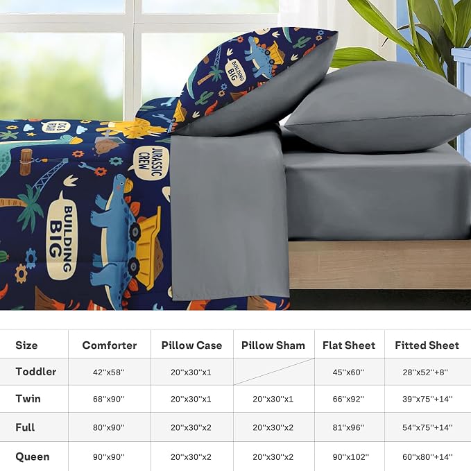 Nesker Dinosaur Comforter Set Full Size, 7 Pieces Bed in a Bag, Blue Dinosaur Bedding Set for Boys, Construction Excavator Comforter Set with 2 Pillowcases & 2 Shams
