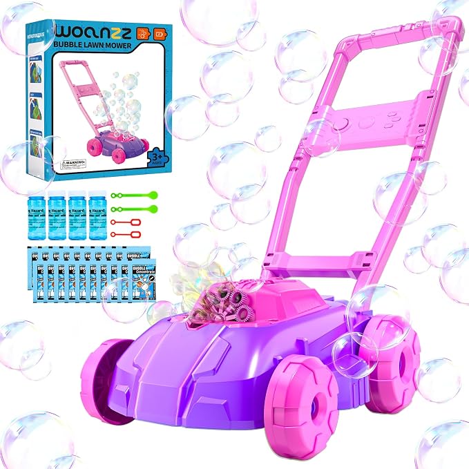 Bubble Lawn Mower for Toddlers 1-3, Automatic Bubble Blowing Machine Pretend Summer Gardening Play Bubble Toys for Age 1 2 3 Year Old Boys Girls Indoor Outdoor Use, Pink