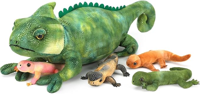 Green Lizard Plush, 27-Inch Mother Iguana Stuffed Animal with 4 Baby Lizard Plushies, 5-Piece Soft Giant Reptile Toy for Kids Gifts