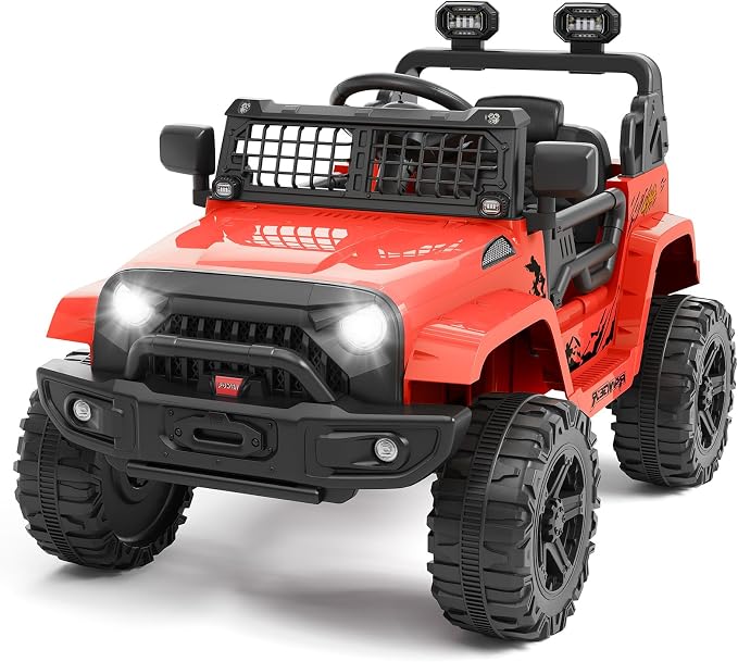 Hetoy 12V Ride on Toys with Parent Remote Control Toddler Electric Vehicle with Spring Suspension, LED Lights, Bluetooth, Music Player, 3 Speeds Ride on Car Truck for Kids Age 3-8 (Red)