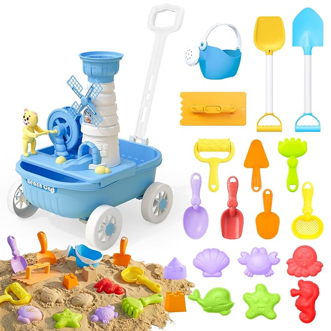 deAO Beach Toys for Kids 21 Pcs Sand Toys Set Includes Wagon Water Wheel Beach Tool Kit Watering Can Molds Summer Gifts for Toddlers Ages 3-8