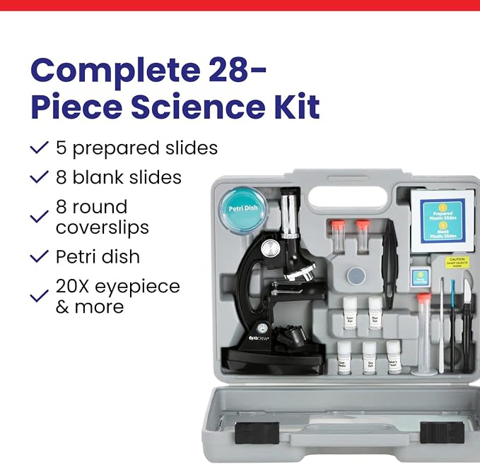 AmScope M30 Series 52-Piece STEM Microscope Kit for Kids - Monocular, Portable Compound Microscope for Kids - Includes Petri Dish, Slides & More - Black