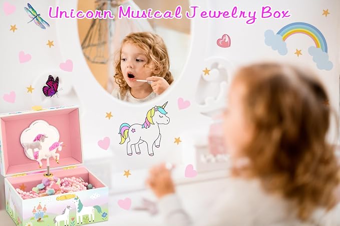 RR ROUND RICH DESIGN Kids Music Jewelry Box with Foil Gold Unicorn Theme Spinning Playback the Tune for Beautiful Dream Song Pink-Green