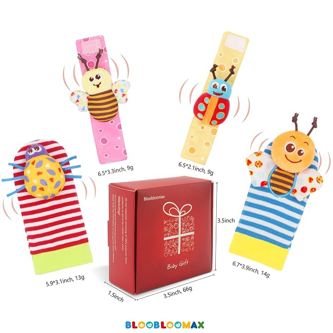 Bloobloomax Baby Wrist Rattle Socks & Foot Finder Toy-Gift for 0-36M | Infant Essentials Wristband Hand & Feet Rattles | Sensory Toys for 0-3Years Newborn Boys and Girls As Shower Present