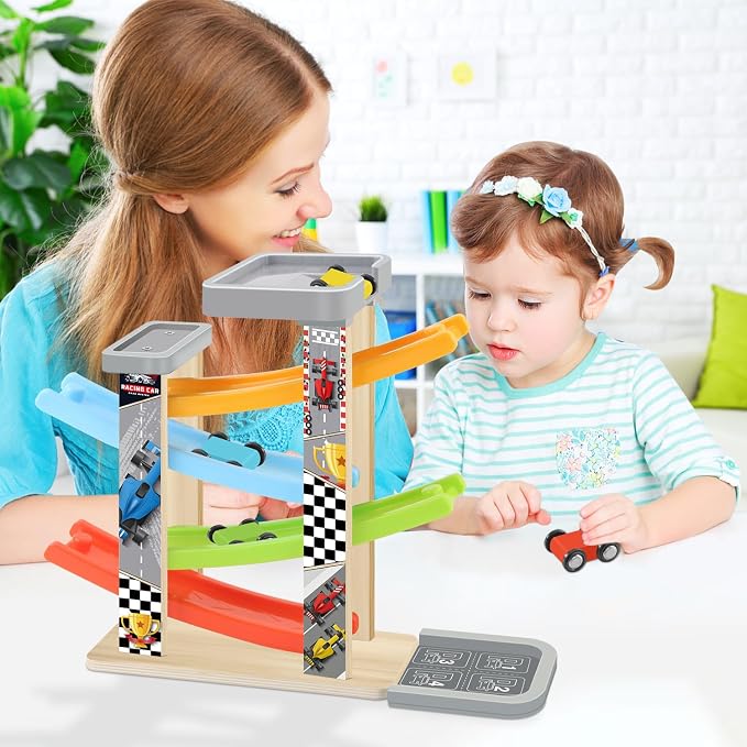Wooden Car Ramp Toy Set, Montessori Ramp Set Includes 4 Mini Cars and Track — Educational Gift for Boys and Girls 3+ Years Old