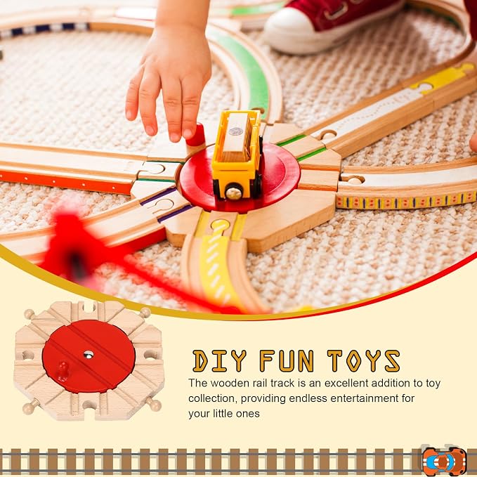 RoundFunny 3 Pcs Wooden Train Track Expansion Set Wooden Train Accessories 8 Way Wood Track Turntable, Forked Rails and Wood T Train Track Compatible with Most Railroad for Table Tabletop Activities