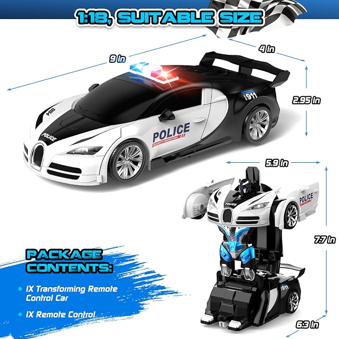 Remote Control Car, One-Click Becoming Robot Transforming Toys Car for Boys, Smooth Deformation, Demo Mode, 360° Rotation, Easy to Use, 2.4GHZ, LED Light, RC Cars for Christmas, Kids, White