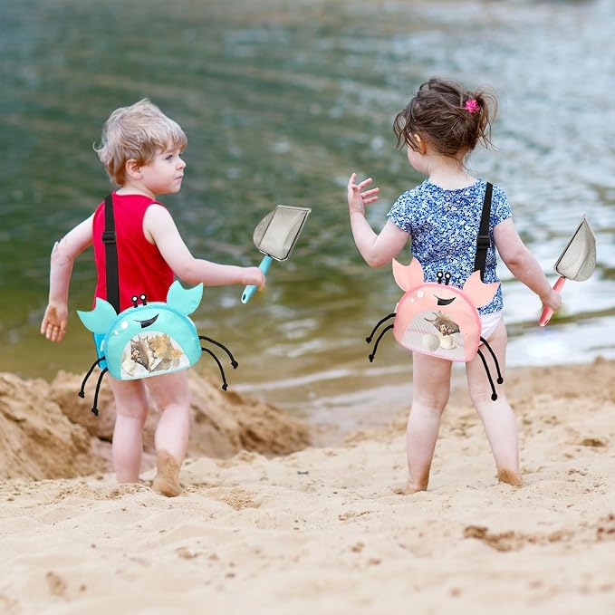 4PCS Beach Toy Mesh Shovel and Mesh Beach Bag Seashell Bag,for Sand Filter & Collect Shells,Sand Sifter Shell Collecting Tools(Blue-Pink Crab)