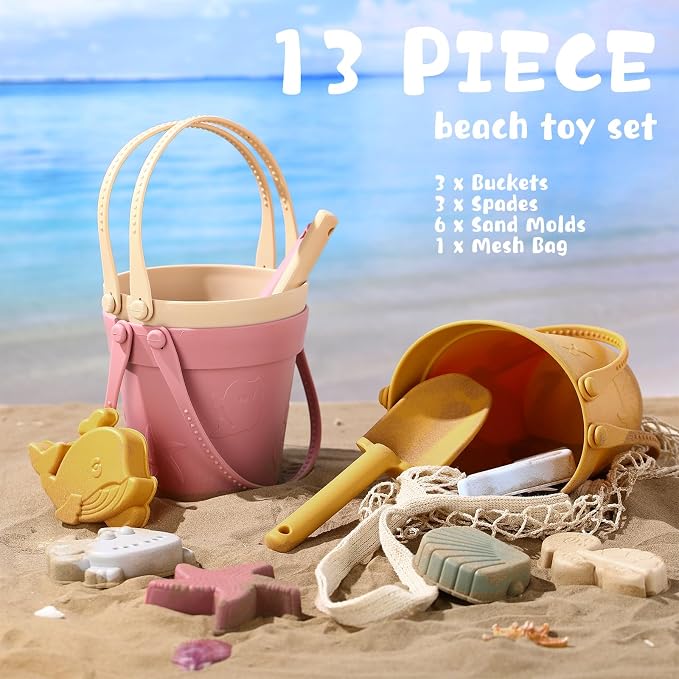 Hungdao 13 Pcs Silicone Beach Toys Travel Beach Set Sand Toys Including 3 Silicone Buckets 3 Shovels 6 Sea Creature Sand Molds 1 Bag for Kids Boys Girls Summer Pool Outdoor Bath(Pink White Yellow)