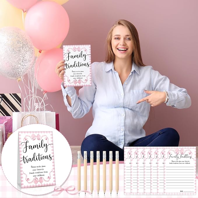 Fumete 61 Pieces Family Tradition Baby Shower Games Include 1 Family Traditions Standing Sign and 50 Activities Cards with 10 Pencils for Gender Reveal Bridal Shower Wedding(Pink,Bow)