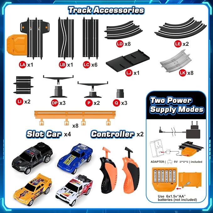 Slot Car Race Track Sets with 4 Slot Cars, Ideal Birthday Xmas Gifts Toys for Kids Boys Ages 6 7 8-12, Battery or Electric Race Car Track Set with Dual Racing Game, Flash Circular Track, Lap Counter