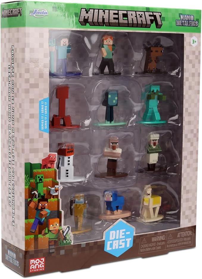 Jada Minecraft Nano Metalfigs Series 17 – Die-Cast Figure 12-Pack – Includes Steve, Alex, Diamond Armor Zombie & More Toys