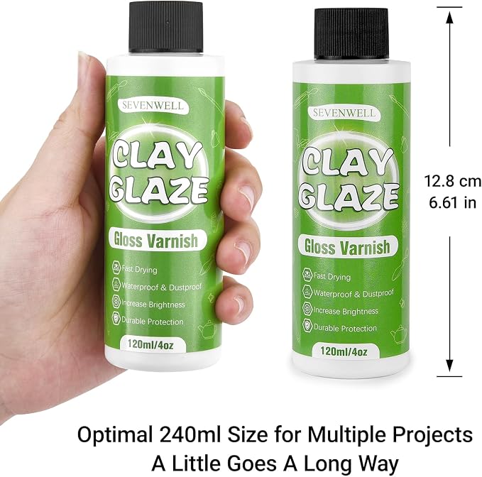 SEVENWELL 240ml Air Dry Clay Glaze, Gloss Clay Varnish Used for Preventing Clay from Surface Wear, Cracking, Scratches, Sealer for Air Dry Clay, Polymer Clay, ResinCrete, Pottery, Acrylic Paint