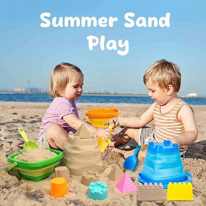 AuntyFey Collapsible Beach Toys Sand Toys for Toddlers 1-3, Beach Toy Sand Toy for Kids Ages 4-8, Collapsible Beach Sand Buckets Toys for Kids, Sandbox Toys for Toddler with Castle Sand Mold Shovel