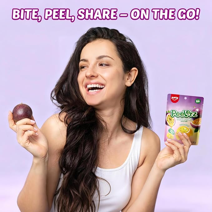 AMOS Peelerz Passion Fruit 85 g – Tropical Snack, Pre-Peeled Style Passion Fruit Candy,Fruity Flavor & Peelable Texture, Ready-to-Eat Snack Pack