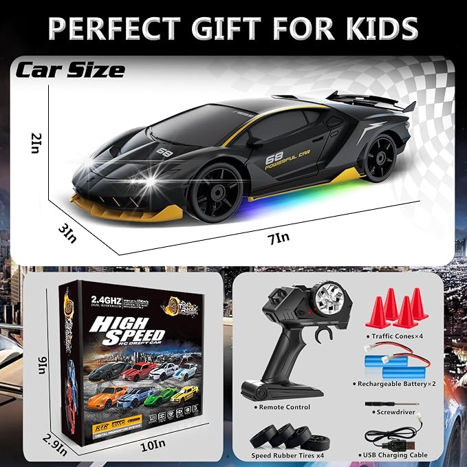 Remote Control Car RC Drift Car 2.4GHz 1:24 4WD 15KM/H High Speed Racing Sport Car with LED Lights Drifting Tire Racing Sport Toy for Adults Boys Girls Kids Gift 2Pcs Rechargeable Batteries