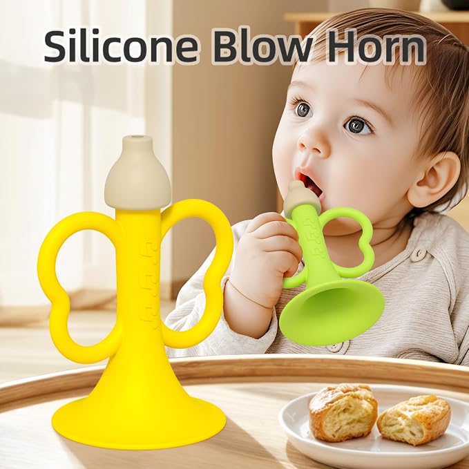 Baby Trumpet Toy 6-12 Months, Silicone Baby horn blowing toy with 2PCS yellow green for Teething Sensory play, Easy Grip Toddler whistle toys 0-6 Months Newborn Gift (Trumpet)