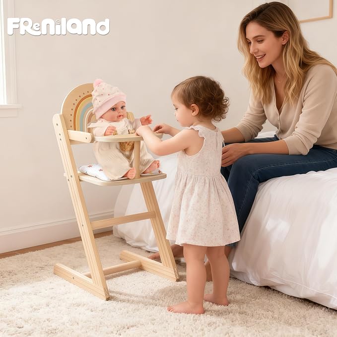 Freniland Wooden Doll High Chair with Cushion, Pretend Play Baby Doll Feeding Chair, Fits 18–20 Inch Dolls, Natural Wood Color for Girls Ages 3+