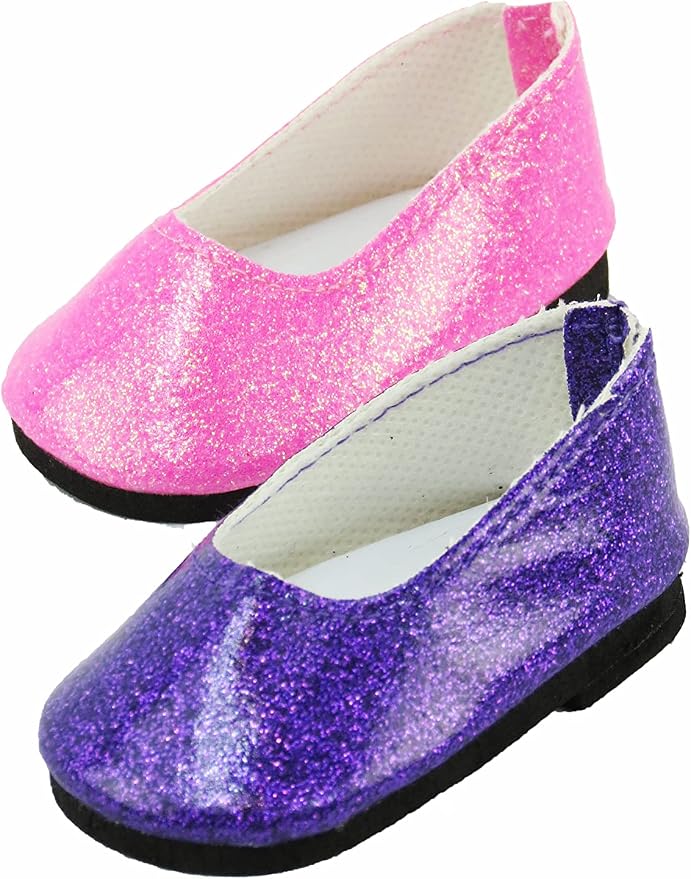 American Fashion World Pink and Purple Glitter Flats for 18-Inch Dolls | Premium Quality & Trendy Design | Dolls Shoes | Shoe Fashion for Dolls for Popular Brands