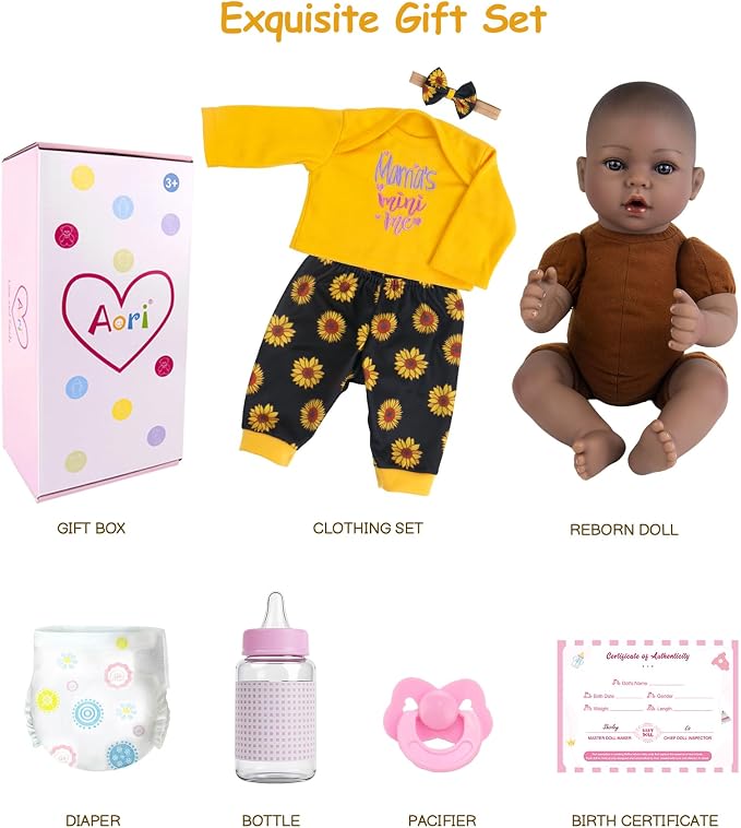 Aori Black Reborn Baby Dolls, 18 inches Real Black Baby Doll with Feeding Kit Included, Realistic Newborn Black Baby for Kids 3+, Birthday, Pretend Play