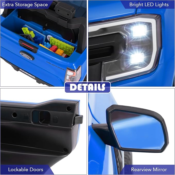 Licensed Ford Ranger Ride on Pickup Truck by INFANS, 12V Battery Powered Electric Vehicle for Kids with Remote Control, Headlight, Power Display, Bluetooth, MP3, Music, Aged 3-6 Years (Blue)
