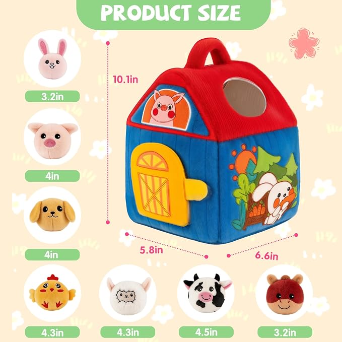 SAIMAND Baby Toys 6-12 Months, Barn with Stuffed Farm Animals, Montessori Toy for Babies, Sensory Toys for Toddlers 1-3, Portable Baby Farmhouse Toy, Birthday Gift for Infants & Toddlers