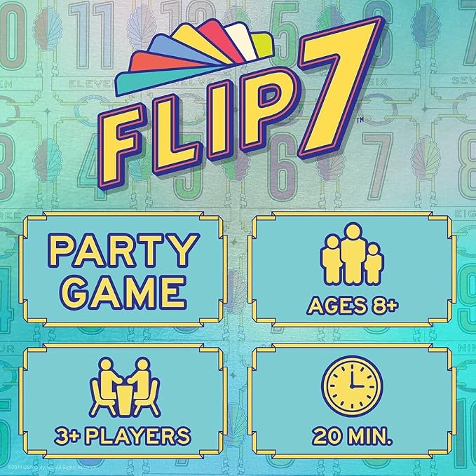 USAOPOLY Flip 7, The Ultimate Blend of Press Your Luck & Strategy, Fast-Paced Addictive Card Game,Quick to Learn & Easy to Teach,Perfect for Game Nights, 3+ Players, Ages 8 & Up, 20 Minutes Play Time