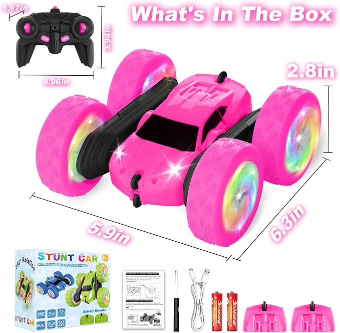 Remote Control Car, RC Cars for Girls, 2.4 GHz Double Sided RC Crawler with Upgraded USB-C Modular Battery, 360°Rotating Car Toys for 6 7 8 9 10 11 12 Year Old Girl Birthday Gift Rose