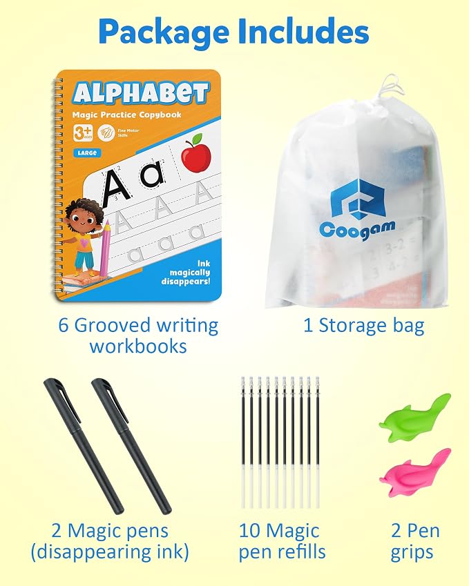 Coogam 6Pcs Magic Grooved Writing Practice for Kids, Grooved Handwriting Copybook with Pens, Learn to Write Number Letter Tracing Workbook for Kids Age 3-8 Preschool Learning Activities