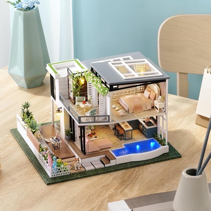 TuKIIE DIY Miniature Dollhouse Kit with Furniture, 1:24 Scale Large Garden Villa Wooden Doll House Accessories Plus Dust Proof & Music Movement for Kids Teens Adults(West Creek House)