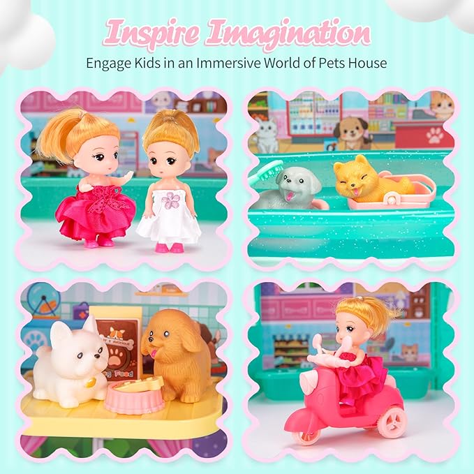 Dollhouse of Pets Toy Play Set, Foldable Pets Doll House with 31PCS Includes 2Dolls, Motor, Pool, 6Little Pets, Slide and Sounds, Pretend-Play Toddler Playhouse Ideal Gift for Children aged 3+
