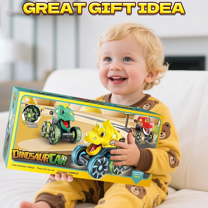 Intoypad 3 Pack Dinosaur Car Toys for Kids Toddlers, Light up Wheels Monster Truck Toys for Boys 2 3 4 5 6 7 8 Years Old Christmas Birthady Gifts Press & Go Dino Trucks Toy for Toddler Boy Baby
