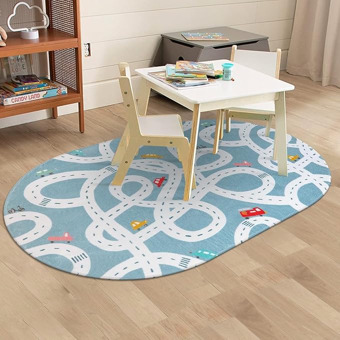 STARUIA Large Kids Playroom Rug, 4'x6' Washable Road Rug for Nursery, Non-Slip Fun Area Rugs for Kids Room, Blue Car Rugs Play Mat Soft Baby Carpet for Boys Girls Dorm Toy Room Tent