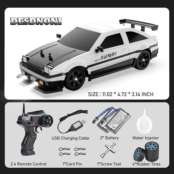 Remote Control Car RC Drift Car 1:16 Scale 4WD 18KM/H High Speed Model Vehicle 2.4GHz with LED Lights Spray Rubber Tire Racing Sport Toy for Adults Boys Girls Kids Gift 2Pcs Rechargeable Batteries