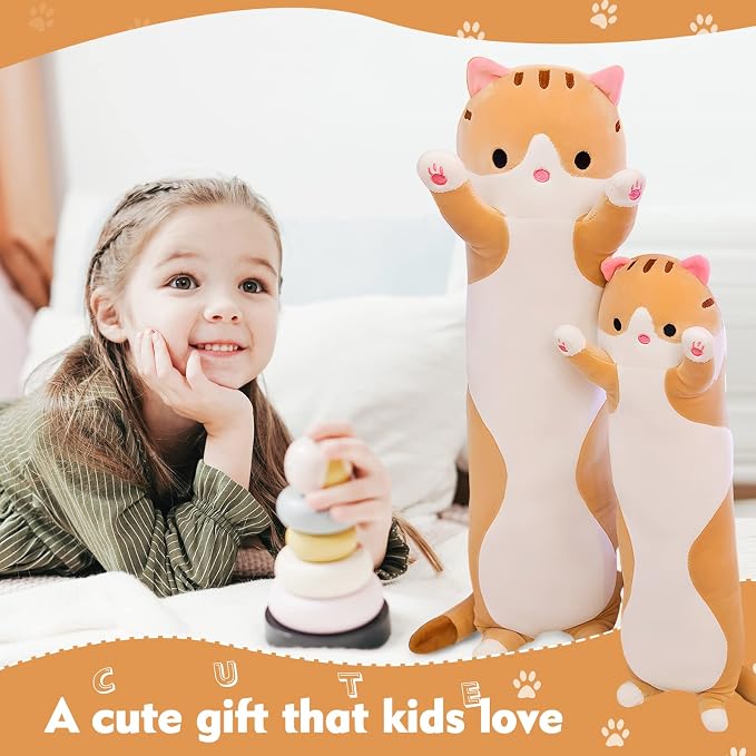 Long Cat Plush Pillow, 51in Cute Cat Plushie Stuffed Animals Body Pillow, Yellow Kawaii Kitten Soft Plushie Doll Toy Birthday Gift for Children Girlfriend