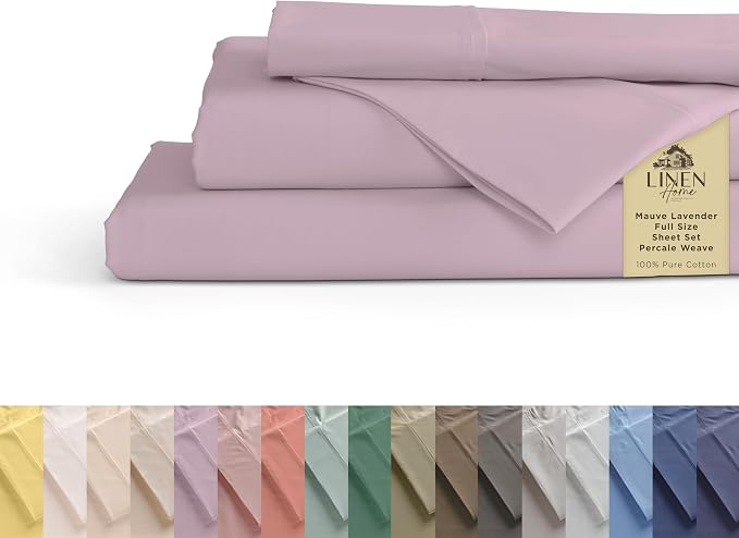 Linen Home 100% Cotton Percale Sheets Full Size, Mauve Lavender, Deep Pocket, 4 Pieces Set- 1 Flat, 1 Fitted and 2 Pillowcases, Crisp Cool and Long Staple Strong Bed Linen