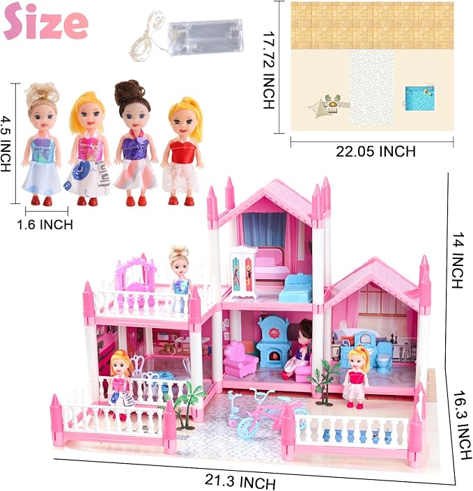 Dream Doll House for Girls with Lights, Mat, Dolls & Furniture - Imaginative Dollhouse Playset DIY Pretend Play Toy Gift for Kids Ages 3-8