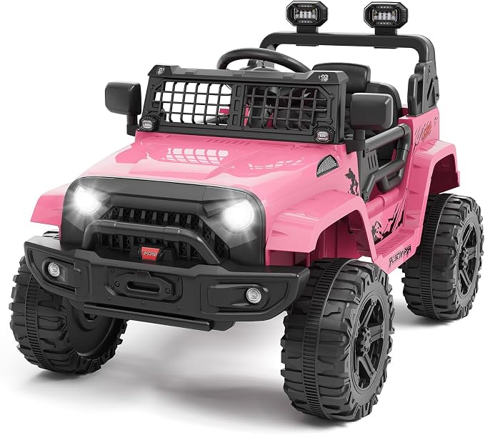 Hetoy 12V Ride on Toys with Parent Remote Control Toddler Electric Vehicle with Spring Suspension, LED Lights, Bluetooth, Music Player, 3 Speeds Ride on Car Truck for Kids Age 3-8 (Pink)