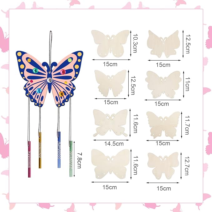 Fennoral 8 Pack Butterfly Wind Chime Kits for Kids Make Your Own Butterfly Wind Chimes Wooden Arts and Crafts Ornaments DIY to Paint Butterfly Craft for Summer Art Activity Birthday Gift Decoration