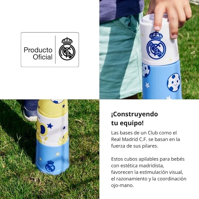 Miniland Real Madrid Sorting & Stacking Toys, Montessori for 1 Year Old, +2 Year Old Boy, 6 Pieces, Kids Cups, Baby Toys 1 Year Old, Shape Sorter | RM Offical License
