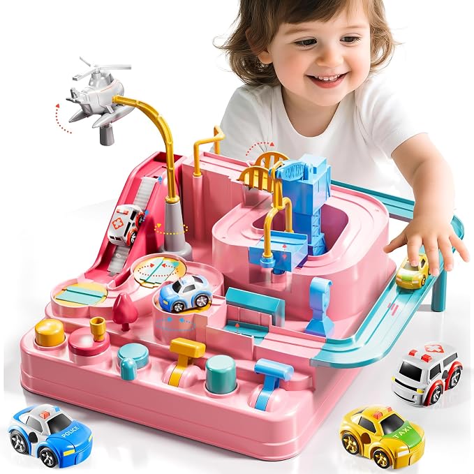 Car Race Track for Kids Ages 4-8, Kids Car Toys for 3 Year Old Boys, Race Track for Toddlers 3-5, City Set with 3 Small Cars and Helicopter, Educational Birthday Gifts (Pink)
