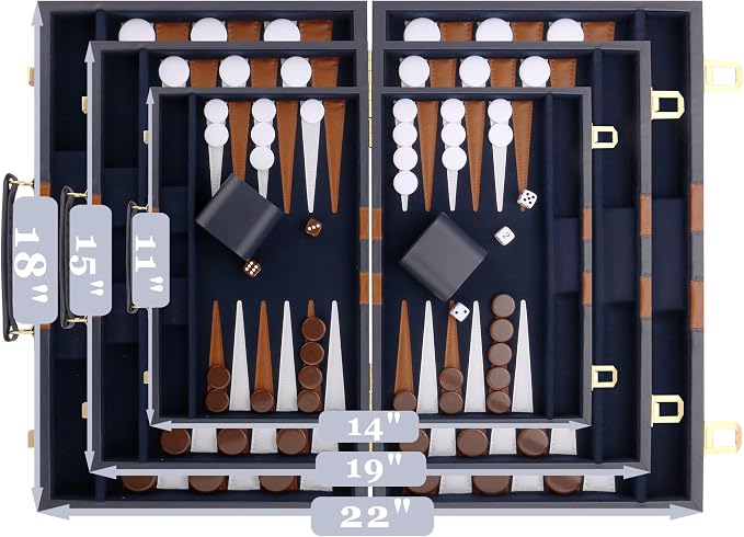 Backgammon Set - Classic Board Game with Premium PU Leather Case - Portable Travel Strategy Backgammon Game Set for Adults, Kids Family Game Night, Vacation & Gifts (18inch Large, Navy)