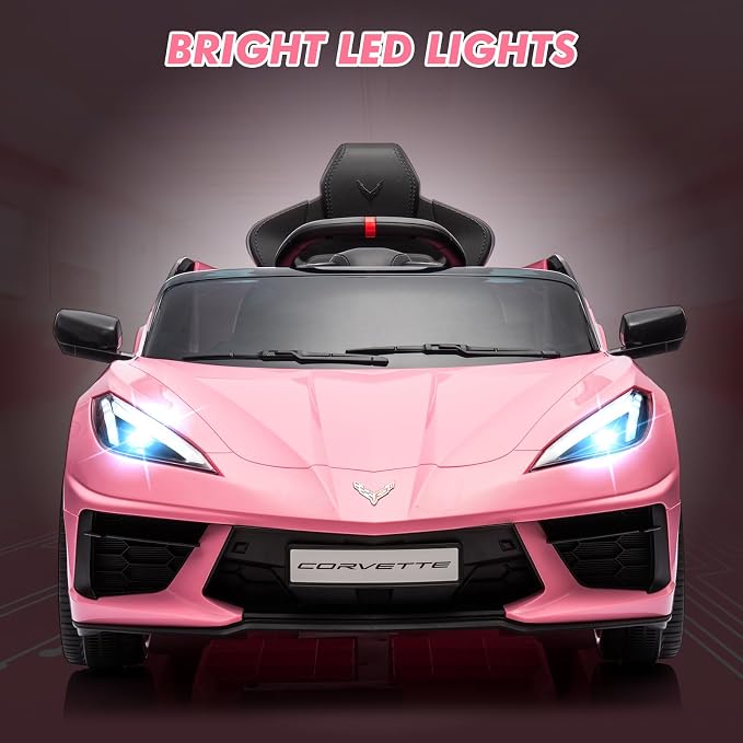 Garvee 12V Kids Ride on Car Licensed Corvette Toddlers Electric Sports Car Ride on Toy with Remote Control, Visual Dashboard, LED Lights, Music for Boys & Girls, Pink