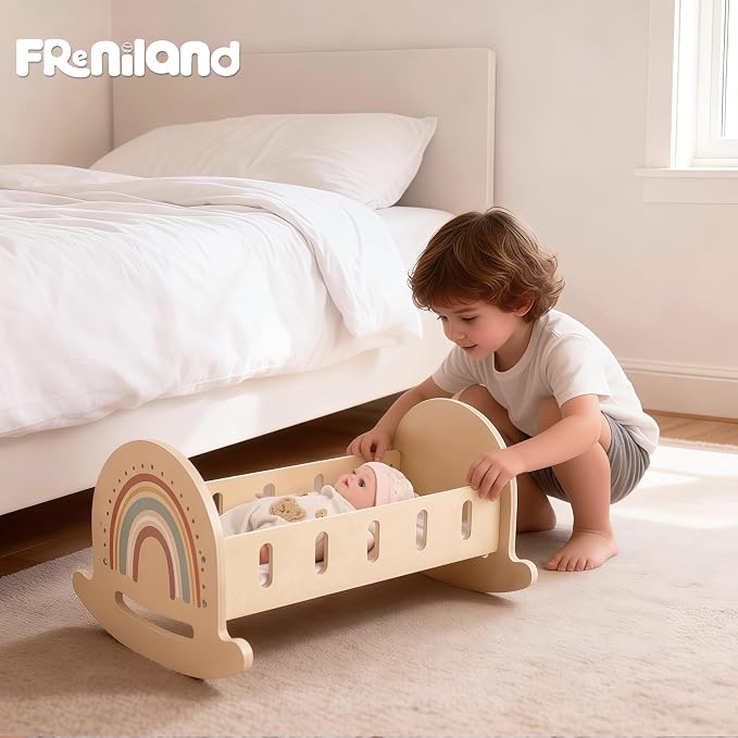 FReniland Wood Rocking Doll Crib for Dolls up to 18 Inches, Wooden Baby Doll Bed Dolls Cradle with Blanket & Pillow, Classic Pretend Play Toy for Kids Ages 3+