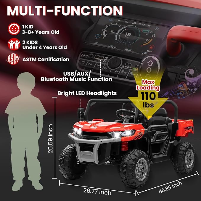 24V 4WD Ride on Truck Car w/4X200W Motor, Dump Bed, Gift Flower, 2 Seaters, Remote Control, 4 Wheeler, LED Light, Music, 24 Volt Ride on Toys for Big Kids Girls 3-8, Red