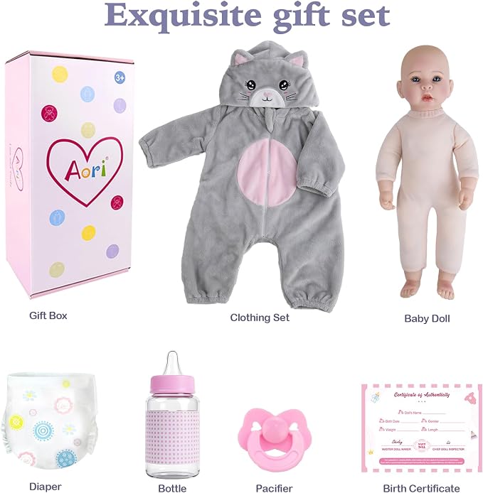 Aori Lifelike Baby Dolls - Realistic 17-Inch Baby Girl with Cute Lightweight Body, Real Life Baby Doll Set with Accessories for 3+ Kids Girls & Collection