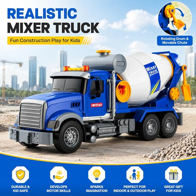 14" Blue Large Cement Mixer Truck Toy, Toddler Truck,for Boys Girls 3 4 5 6 7 8 Years Old,with Lights & Sounds,Holiday and Birthday Gift